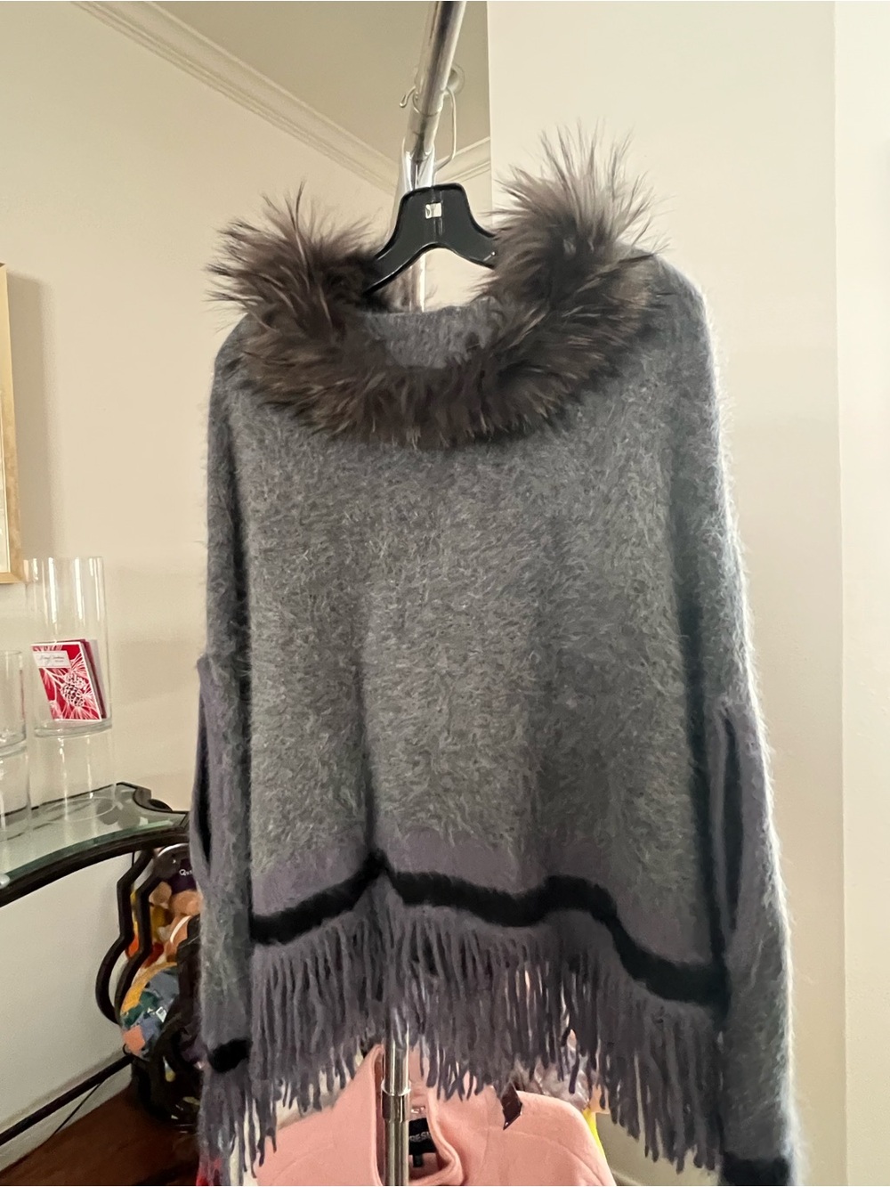 Pretty Persuasions Gray Faux Fur-Trim Fringe Poncho